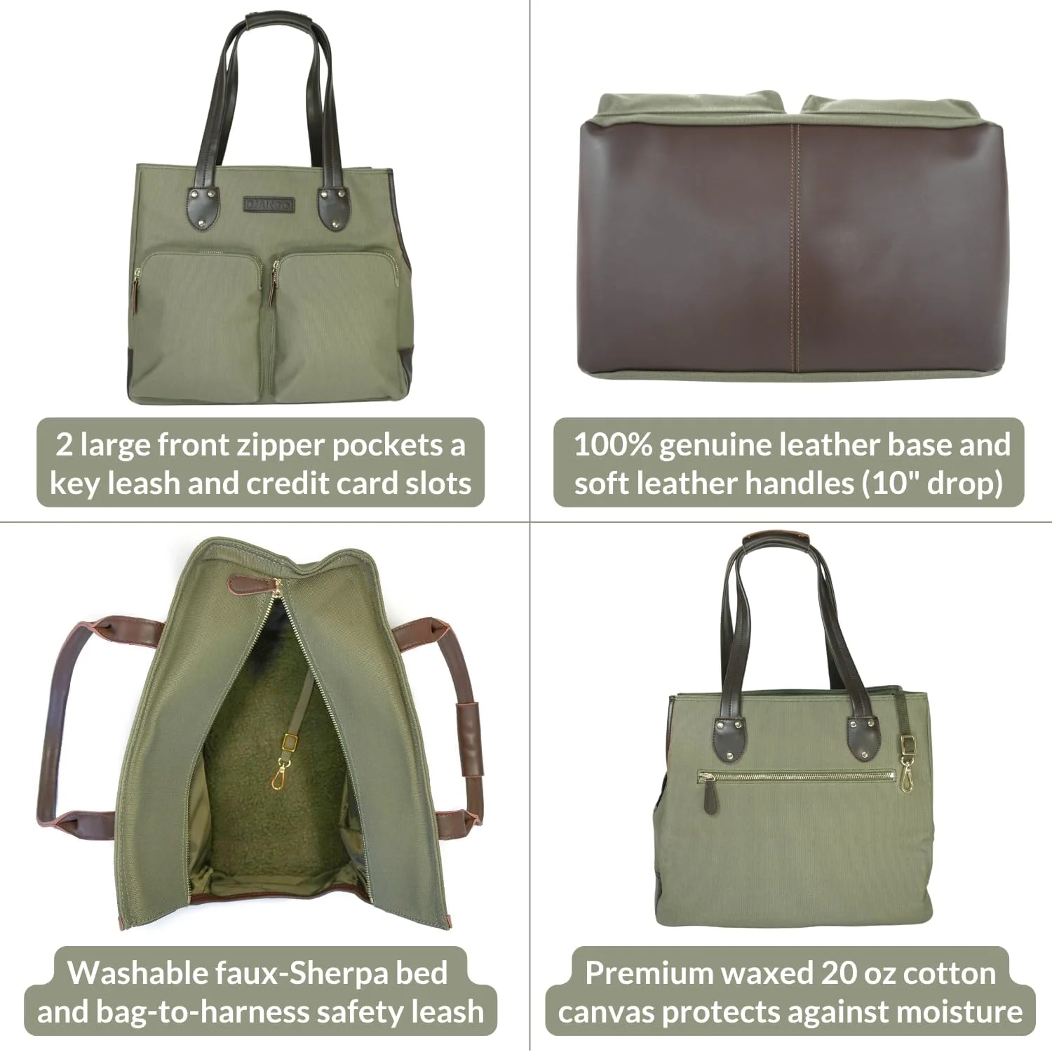 کیف حمل سگ DJANGO سایز متوسط - برزنت مومی و چرم، کیف مسافرتی نرم برای سگ - کیف دستی مسافرتی سبز زیتونی برای حیوانات خانگی با بند ایمنی قلاده، جیب های زیپ دار ایمن و آستر ضد آب