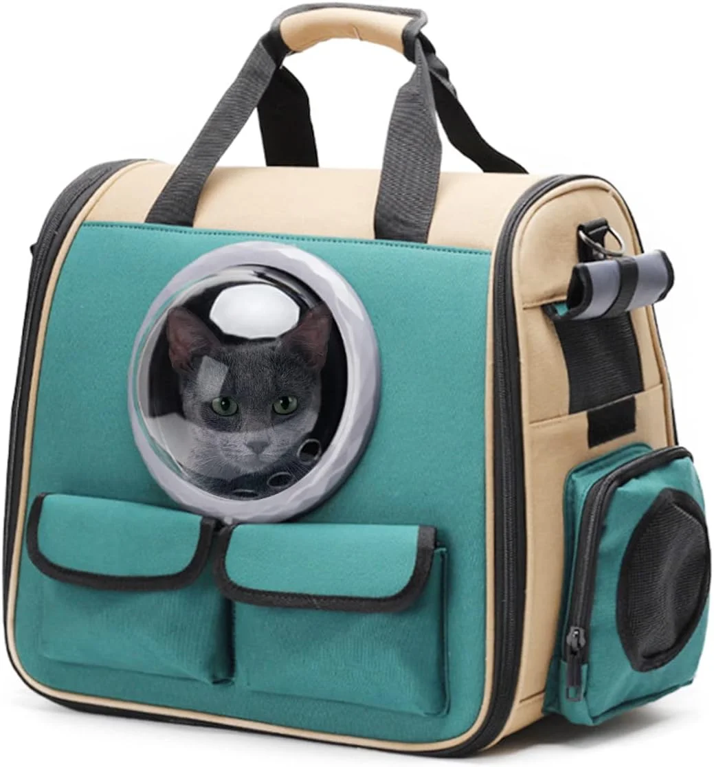 کیف حمل حیوانات خانگی، مناسب گربه و سگ های کوچک و متوسط، کیف تاشو با بند ایمنی داخلی، کیف مسافرتی حبابی کپسولی با جیب های ذخیره سازی، تشک پشمی قابل جابجایی