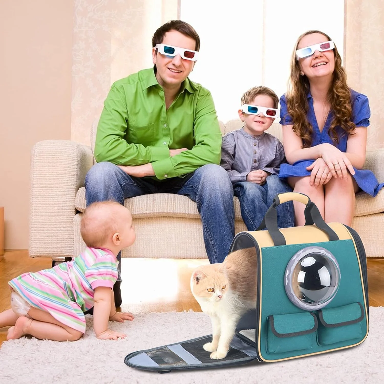 کیف حمل حیوانات خانگی، مناسب گربه و سگ های کوچک و متوسط، کیف تاشو با بند ایمنی داخلی، کیف مسافرتی حبابی کپسولی با جیب های ذخیره سازی، تشک پشمی قابل جابجایی