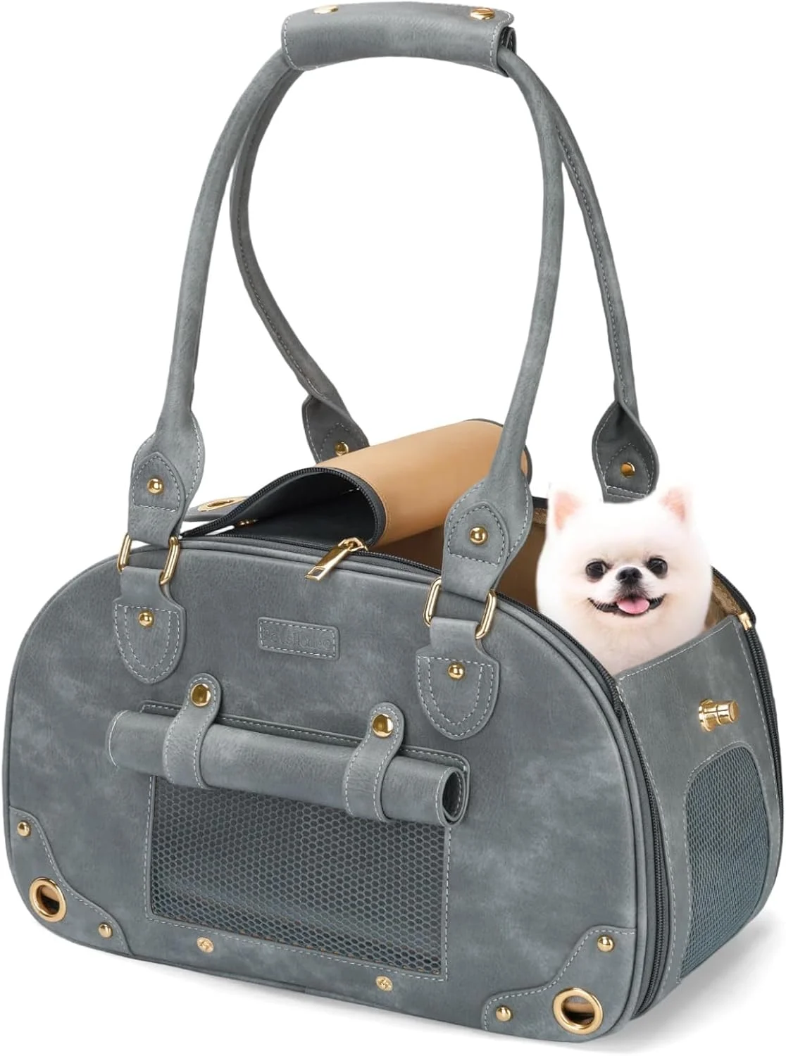 کیف حمل سگ PetsHome، کیف حیوانات خانگی چرم ضد آب ممتاز قابل حمل برای مسافرت گربه و سگ کوچک، مناسب منزل و فضای باز، خاکستری کوچک