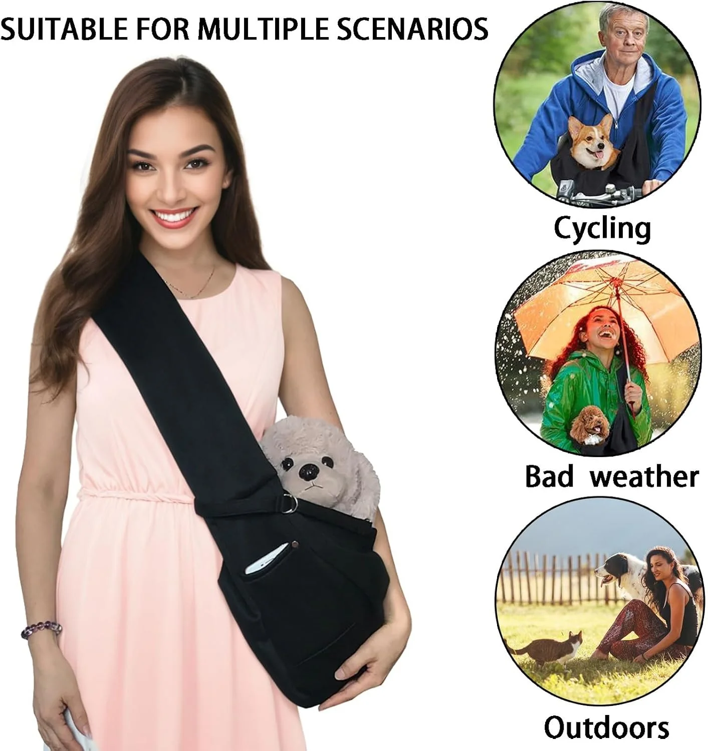 کیف حمل سگ و گربه دو طرفه با جیب - کیف دستی حیوانات خانگی برای سگ ها و گربه های کوچک - دارای بند مسافرتی - مشکی