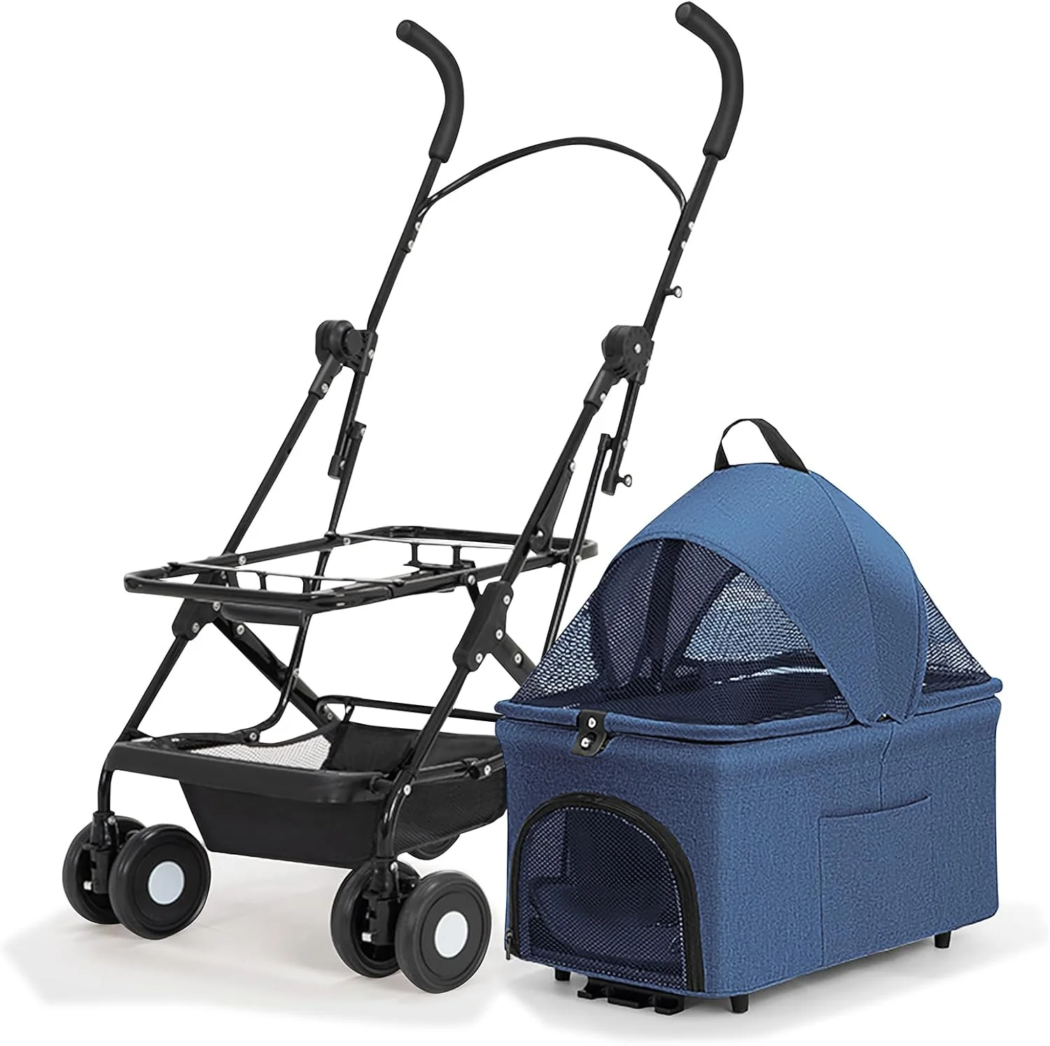کالسکه سگ 3 در 1 با 4 چرخ تاشو به همراه سبد حمل جداشدنی چند منظوره، کالسکه مسافرتی قابل حمل سگ برای سگ ها و گربه های کوچک و متوسط (آبی)