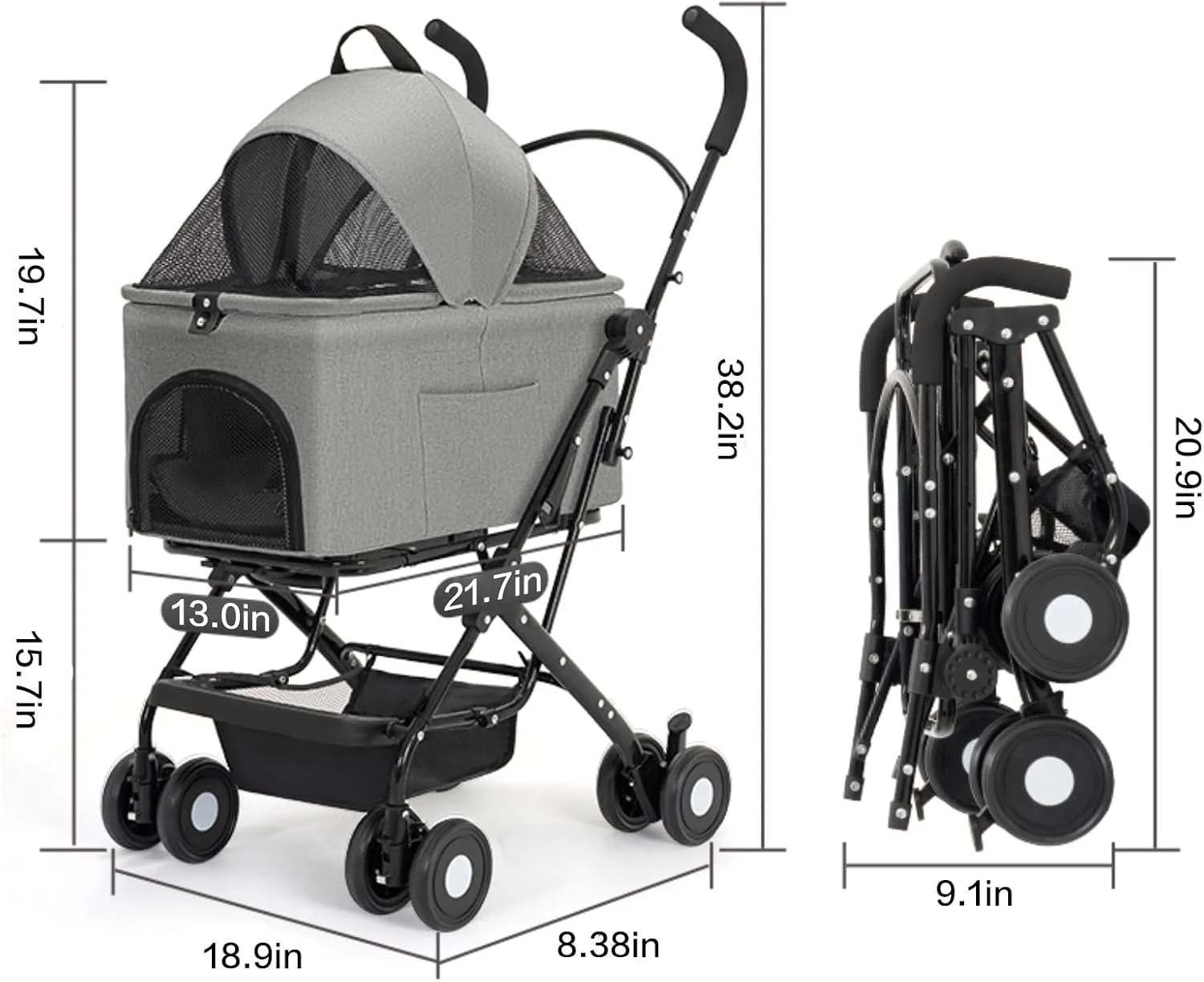 کالسکه سگ 3 در 1 با 4 چرخ تاشو به همراه سبد حمل جداشدنی چند منظوره، کالسکه مسافرتی قابل حمل سگ برای سگ ها و گربه های کوچک و متوسط (آبی)
