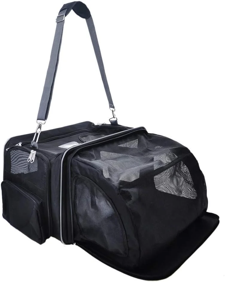 کیف حمل حیوانات خانگی تاشو، مناسب سفر هوایی برای سگ و گربه با زیرانداز پشمی و حمل آسان روی چمدان به همراه جیب برای نگهداری وسایل