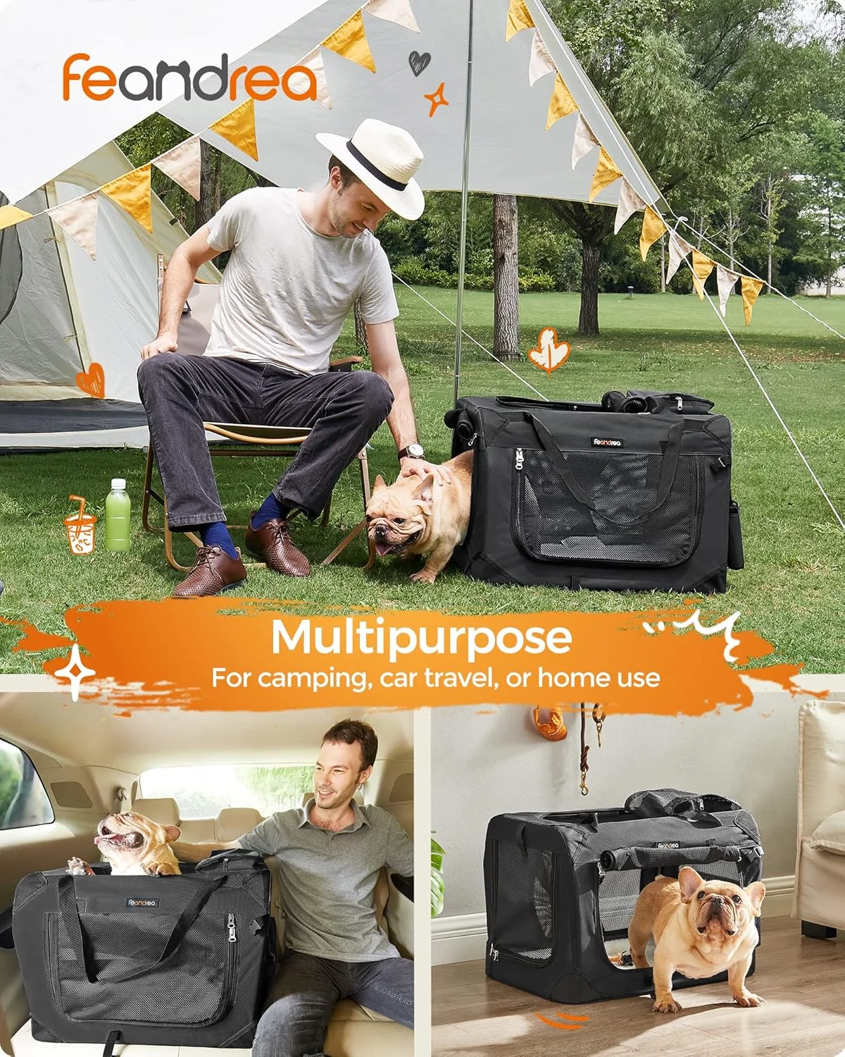  باکس حمل تاشو سگ Feandrea، مناسب برای استفاده در داخل و خارج از خانه، باکس حمل سگ با زیپ های ایمنی، برای اتاق نشیمن، ماشین، مسافرت، کمپینگ، مشکی