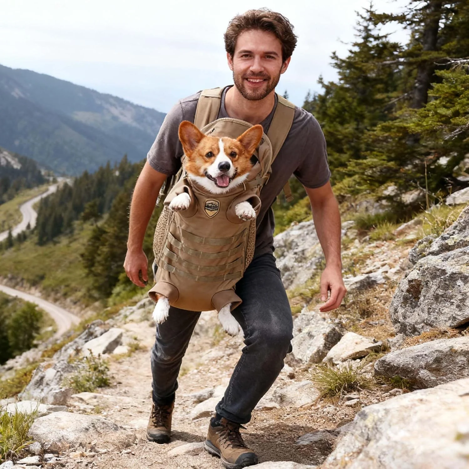 کیف حمل سگ تاکتیکال FLAdorepet برای سگ های کوچک و متوسط، کیف کوله پشتی نرم و بدون دست برای حمل حیوانات خانگی، سگ و گربه، مناسب سفر، پیاده روی و کمپینگ (بزرگ، خاکی)