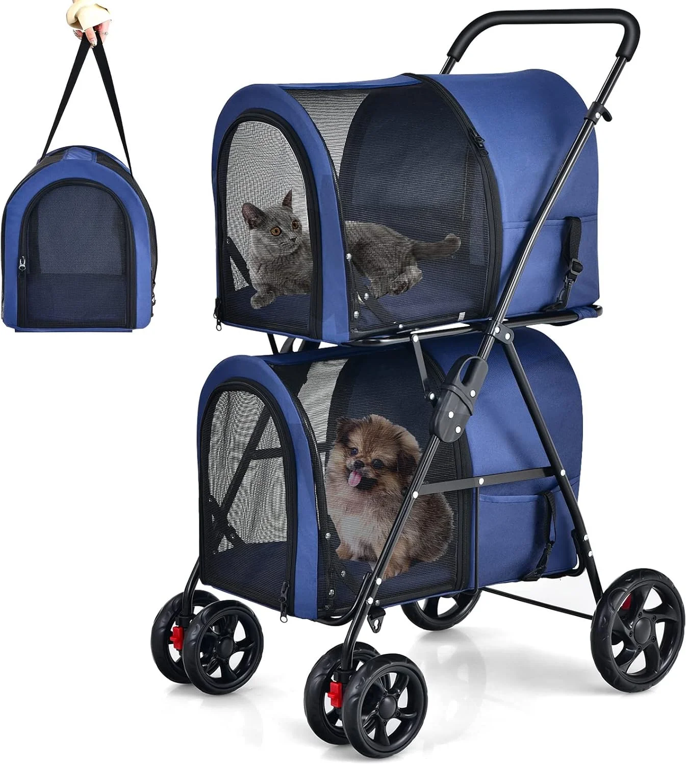 کالسکه حیوانات خانگی دوقلو جاینتکس با 2 کیف حمل جداشدنی، کمربند ایمنی، 4 چرخ قفل‌شونده، کالسکه مسافرتی گربه، سبد گردشی، کالسکه تاشو سگ برای سگ‌ها، گربه‌ها و توله‌های کوچک و متوسط (سرمه‌ای)