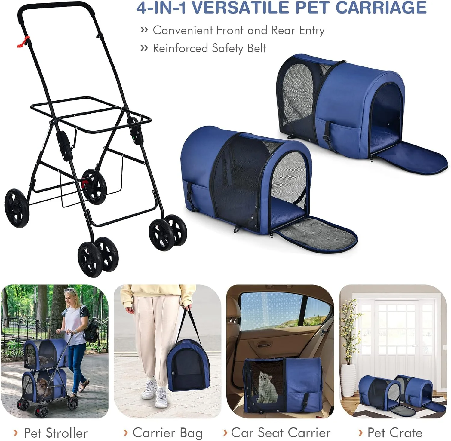 کالسکه حیوانات خانگی دوقلو جاینتکس با 2 کیف حمل جداشدنی، کمربند ایمنی، 4 چرخ قفل‌شونده، کالسکه مسافرتی گربه، سبد گردشی، کالسکه تاشو سگ برای سگ‌ها، گربه‌ها و توله‌های کوچک و متوسط (سرمه‌ای)