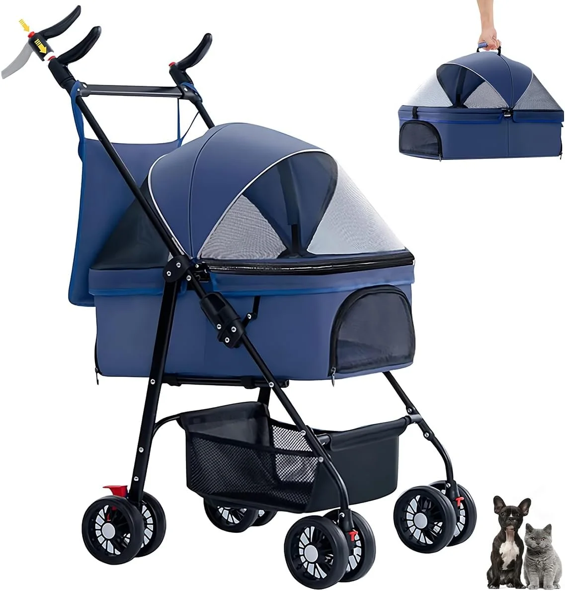 کالسکه تاشو حیوانات خانگی گلوکلاز، سبد حمل جداشدنی گربه، دارای چرخ جلوی 360 درجه، سبد ذخیره سازی و توری تنفسی برای توله سگ، بچه گربه کوچک، متوسط و بزرگ (آبی)