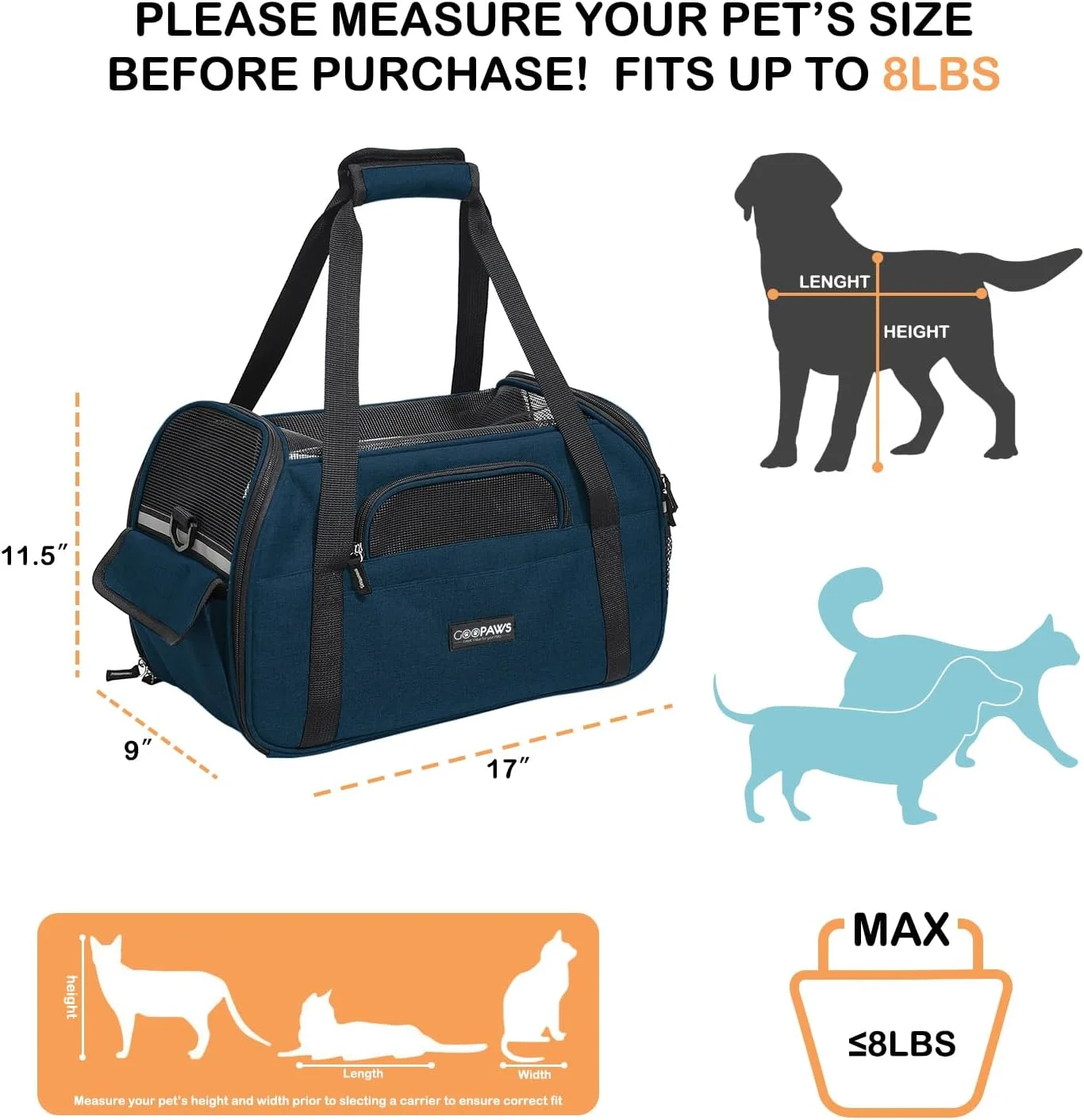 کیف حمل سگ برای سگ های کوچک، کیف دستی نرم با جیب، لوازم مسافرتی سگ، آویز قابل حمل سگ با کف ضد لغزش (آبی تیره - 43 سانتی متر)