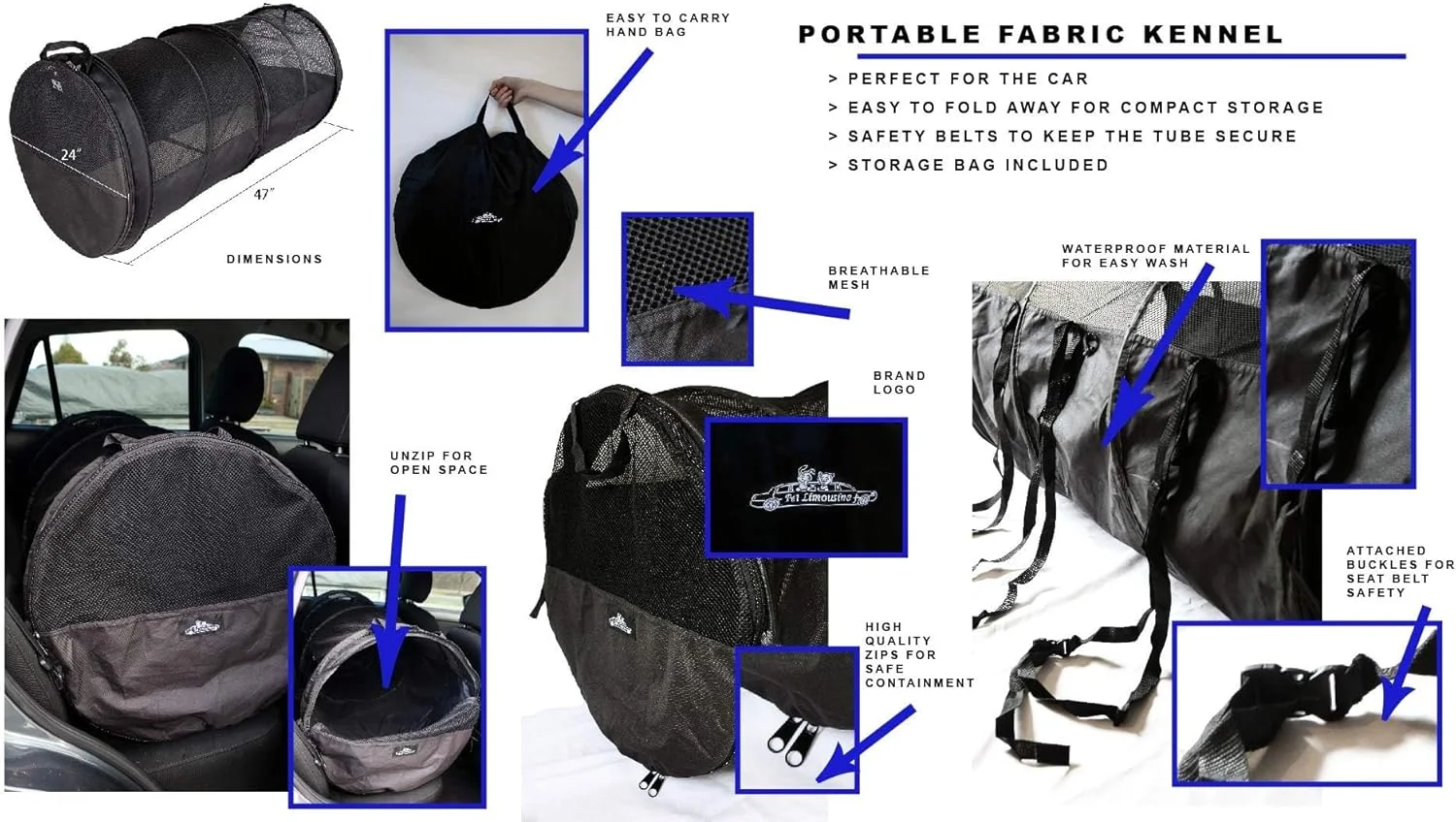 محفظه حمل حیوانات خانگی HandinHandCreations، لانه بزرگ، خانه متحرک ایمن سگ و گربه، لیموزین حیوانات خانگی با کمربند ایمنی و کیف نگهداری، 47Lx24H، رنگ خاکستری