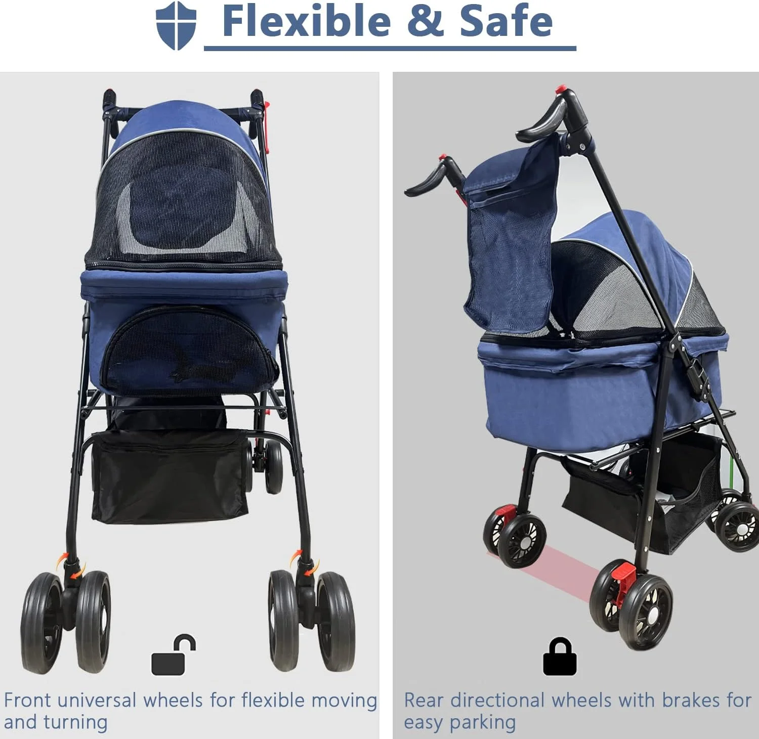 کالسکه تاشو حیوانات خانگی گلوکلاز، سبد حمل جداشدنی گربه، دارای چرخ جلوی 360 درجه، سبد ذخیره سازی و توری تنفسی برای توله سگ، بچه گربه کوچک، متوسط و بزرگ (آبی)