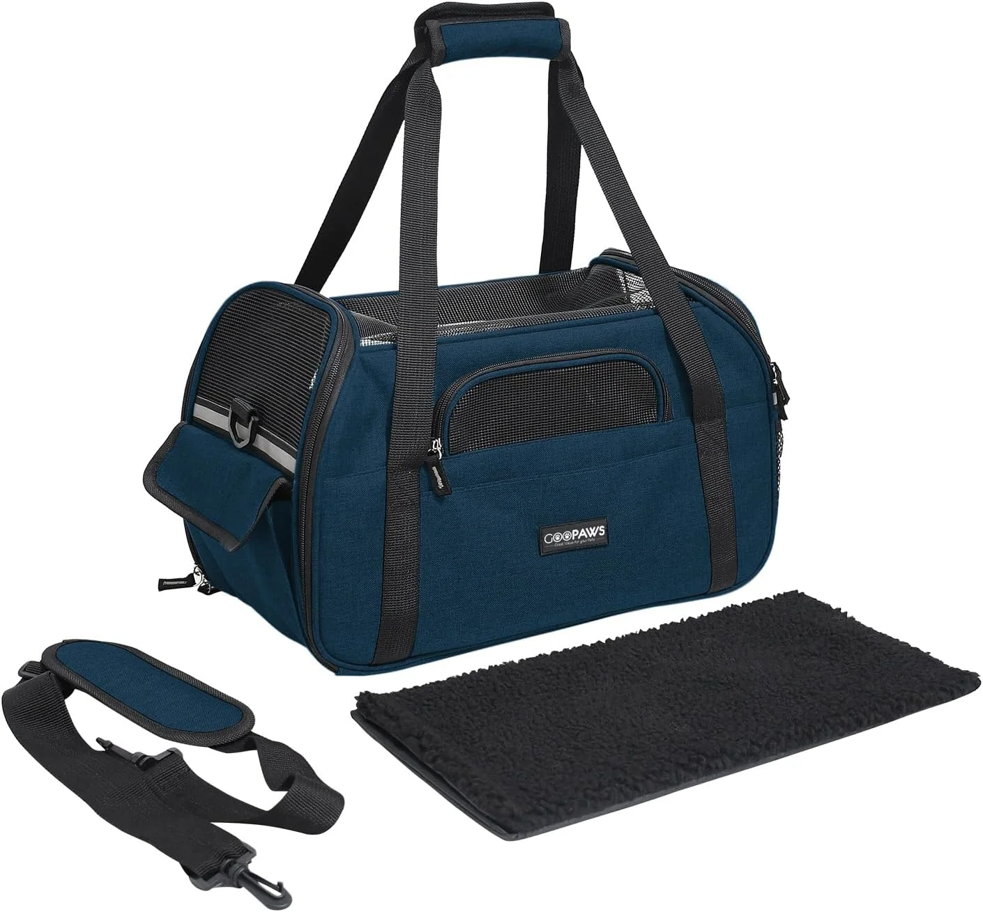 کیف حمل سگ برای سگ های کوچک، کیف دستی نرم با جیب، لوازم مسافرتی سگ، آویز قابل حمل سگ با کف ضد لغزش (آبی تیره - 43 سانتی متر)