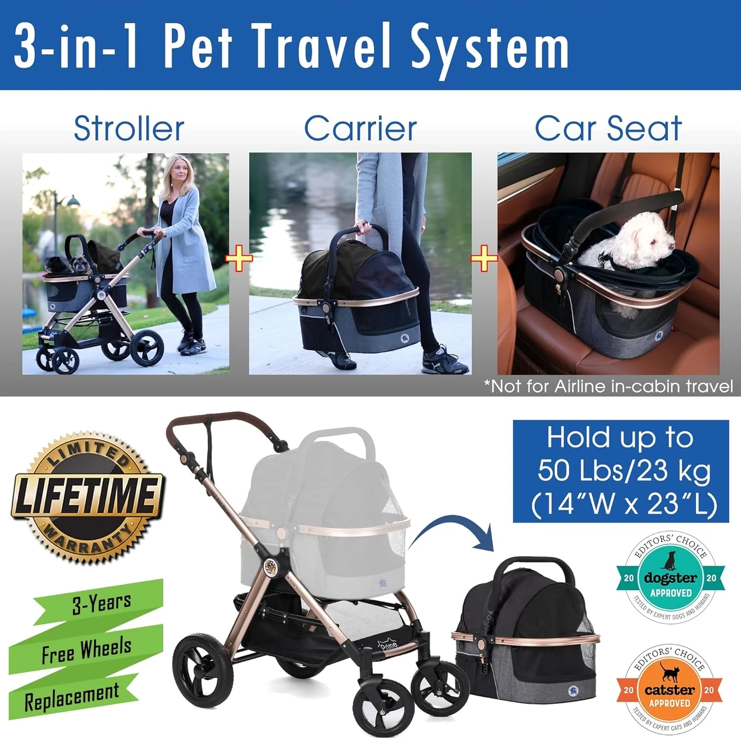 کالسکه سگ/گربه لوکس 3 در 1 HPZ Pet Rover Prime (حمل کننده مسافرتی + صندلی ماشین + کالسکه) با جدا شدن حمل کننده/لاستیک های لاستیکی بدون پمپ/فریم آلومینیومی/دسته برگشت پذیر برای حیوانات خانگی متوسط ​​و کوچک (مشکی)