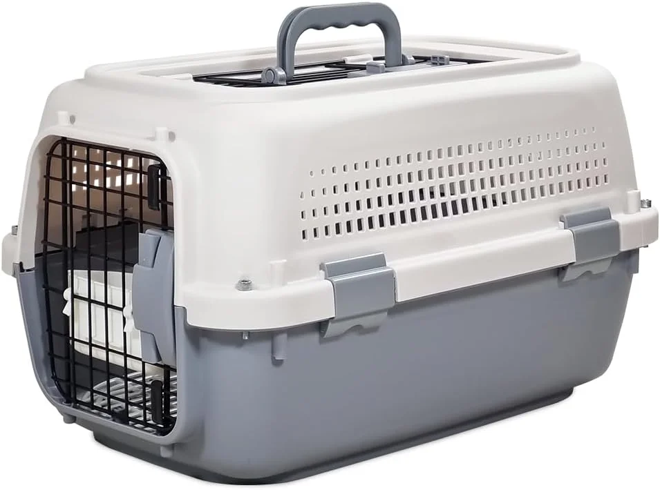 حمل کننده حیوانات خانگی سخت و بادوام برای گربه ها و سگ ها، قفل های ایمن، طراحی تهویه و دسته حمل آسان، لانه مسافرتی 50 سانتی متری با درهای جلو و بالا، کاسه غذا، شبکه های هوادهی، سبک وزن (خاکستری)