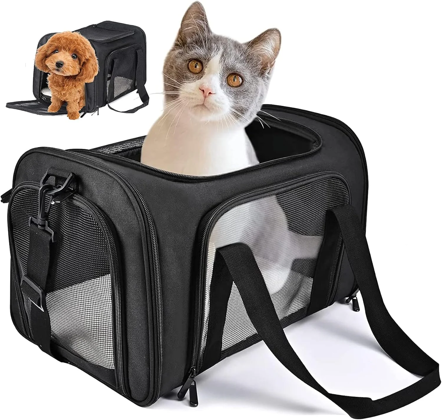 کیف حمل گربه و سگ، مناسب برای گربه ها، سگ ها و توله سگ های کوچک و متوسط تا وزن 7 و 11 کیلوگرم، تاشو و قابل حمل (سایز متوسط، مشکی)