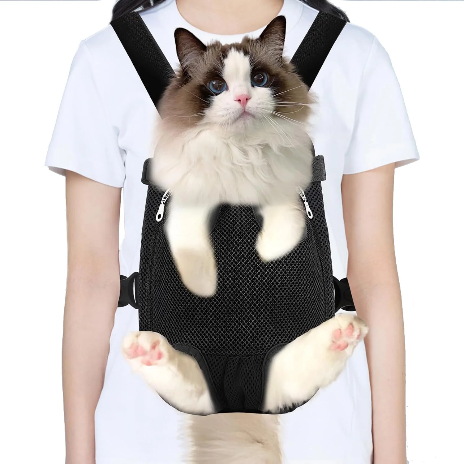 کیف حمل حیوانات خانگی خزنا، مناسب گربه و سگ کوچک، رو به جلو، توری تنفسی، سبک و قابل حمل، مناسب پیاده روی، دوچرخه سواری و کمپینگ، مشکی، سایز M (30 سانتی متر طول x 20 سانتی متر عرض x 34 سانتی متر ارتفاع)، 2.5-3.5 کیلوگرم