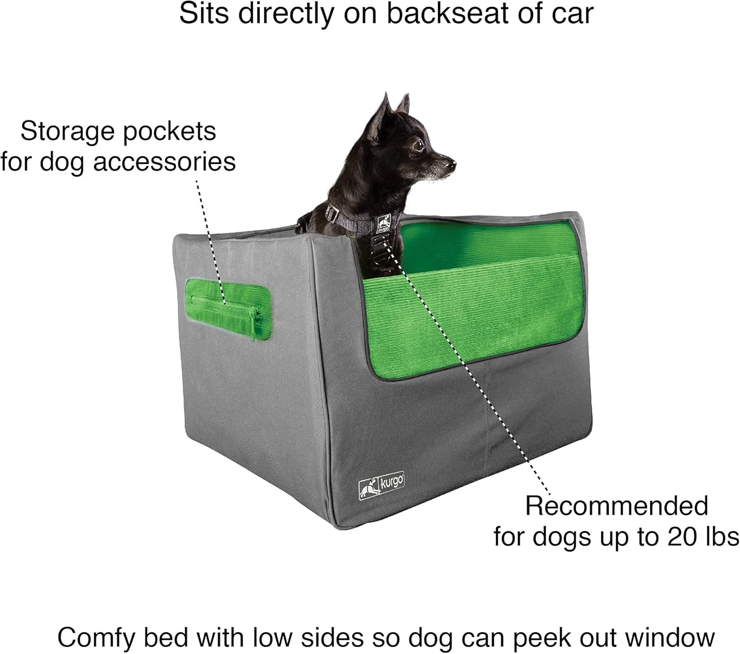 صندلی بوستر عقب خودرو Kurgo Skybox برای سگ ها یا گربه ها، صندلی ماشین سگ، صندلی ماشین حمل کننده برای حیوانات خانگی تا وزن 13.5 کیلوگرم، کمک به کاهش بیماری حرکتی سگ، شامل بند کمربند ایمنی (سبز چمنی/ذغالی)