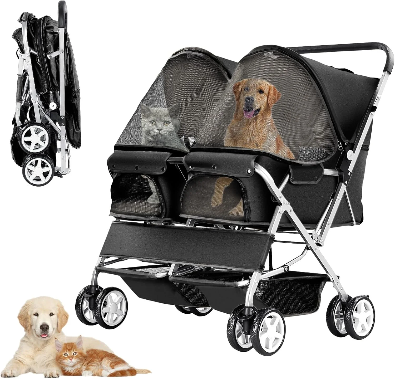 کالسکه سگ، کالسکه حیوانات خانگی دوتایی، کالسکه تاشو برای 2 سگ و گربه، حمل کننده دو نفره، کالسکه مسافرتی حیوانات خانگی با فضای ذخیره سازی، مشکی