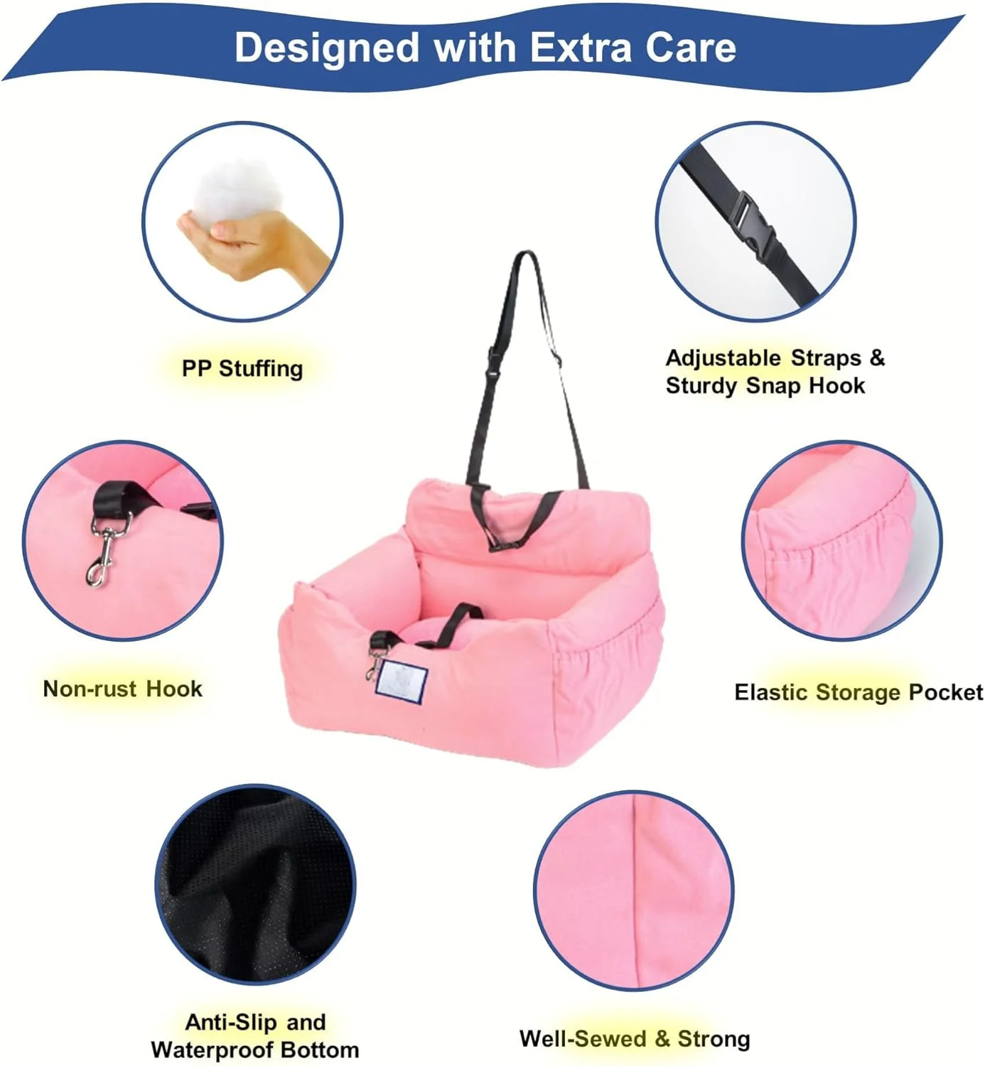 صندلی بوستر ماشین سگ خانگی برای 2 سگ کوچک، صندلی ایمنی قابل حمل برای سفر حیوانات خانگی، کیف تخت مسافرتی ضد آب سگ، حامل تاشو قابل حمل با کمربند ایمنی قابل جابجایی/تنظیم (صورتی، متوسط)