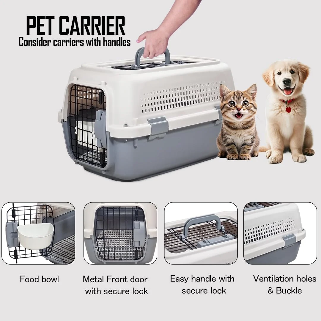 حمل کننده حیوانات خانگی سخت و بادوام برای گربه ها و سگ ها، قفل های ایمن، طراحی تهویه و دسته حمل آسان، لانه مسافرتی 50 سانتی متری با درهای جلو و بالا، کاسه غذا، شبکه های هوادهی، سبک وزن (خاکستری)