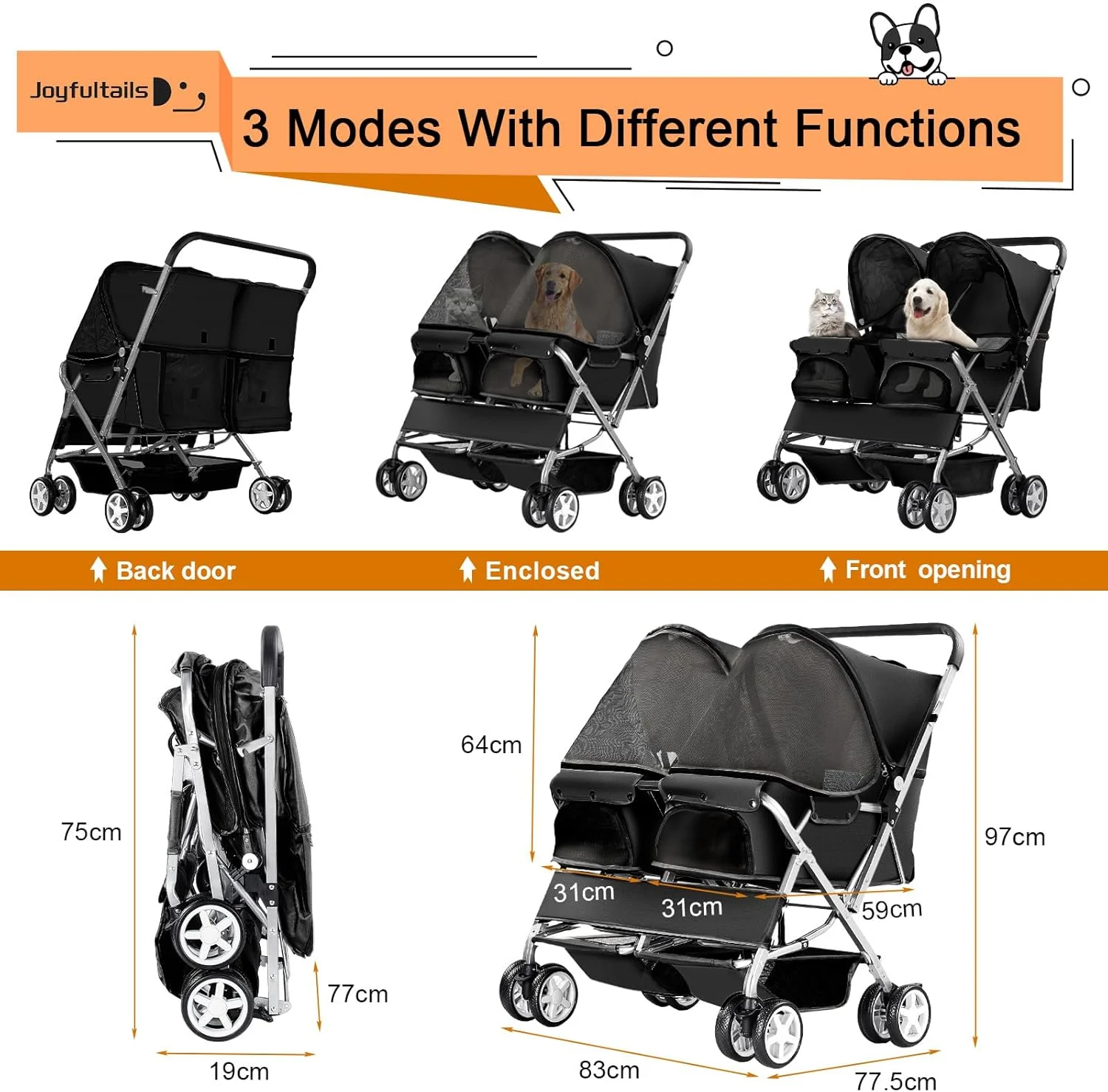 کالسکه سگ، کالسکه حیوانات خانگی دوتایی، کالسکه تاشو برای 2 سگ و گربه، حمل کننده دو نفره، کالسکه مسافرتی حیوانات خانگی با فضای ذخیره سازی، مشکی