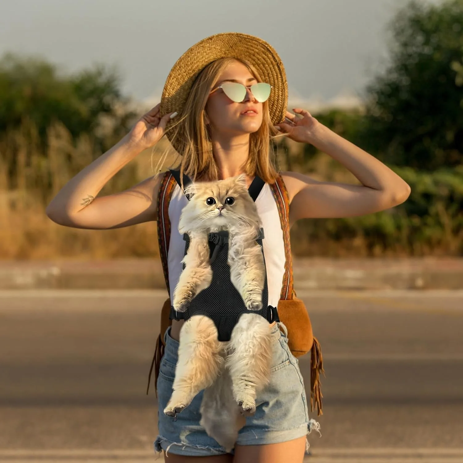 کیف حمل حیوانات خانگی خزنا، مناسب گربه و سگ کوچک، رو به جلو، توری تنفسی، سبک و قابل حمل، مناسب پیاده روی، دوچرخه سواری و کمپینگ، مشکی، سایز M (30 سانتی متر طول x 20 سانتی متر عرض x 34 سانتی متر ارتفاع)، 2.5-3.5 کیلوگرم