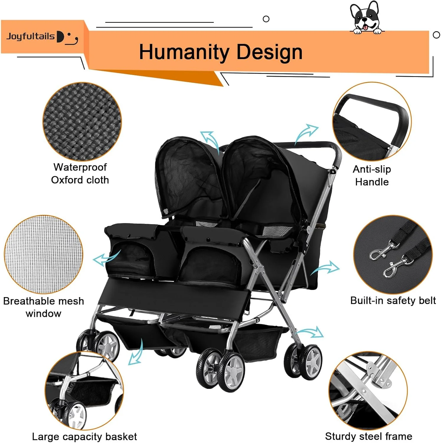کالسکه سگ، کالسکه حیوانات خانگی دوتایی، کالسکه تاشو برای 2 سگ و گربه، حمل کننده دو نفره، کالسکه مسافرتی حیوانات خانگی با فضای ذخیره سازی، مشکی