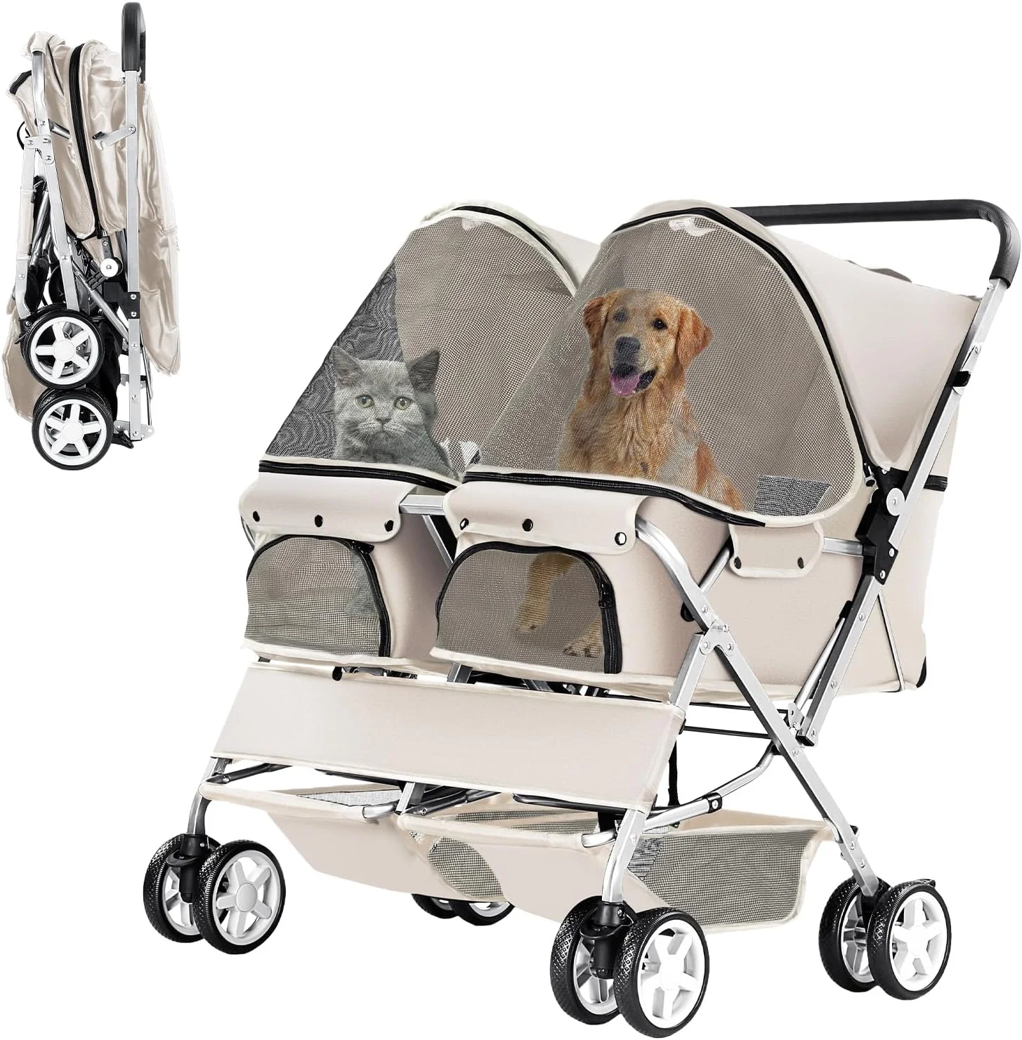 کالسکه حیوانات خانگی دوقلو، کالسکه تاشو برای 2 سگ و گربه، حمل کننده دو نفره سگ، واکر، مناسب سفر، چرخ دستی حمل حیوانات خانگی با فضای ذخیره سازی، خاکستری