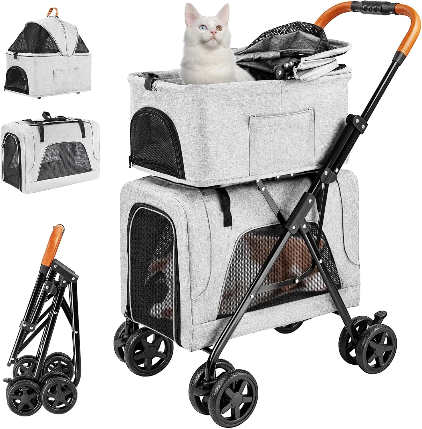 کالسکه حیوانات خانگی دوتایی با سبد حمل جداشدنی برای سگ ها و گربه های کوچک و متوسط، کالسکه مسافرتی سبک وزن سگ با سایبان بدون زیپ، سبد ذخیره سازی، تاشو تک کلیکی و ترمز یک پا