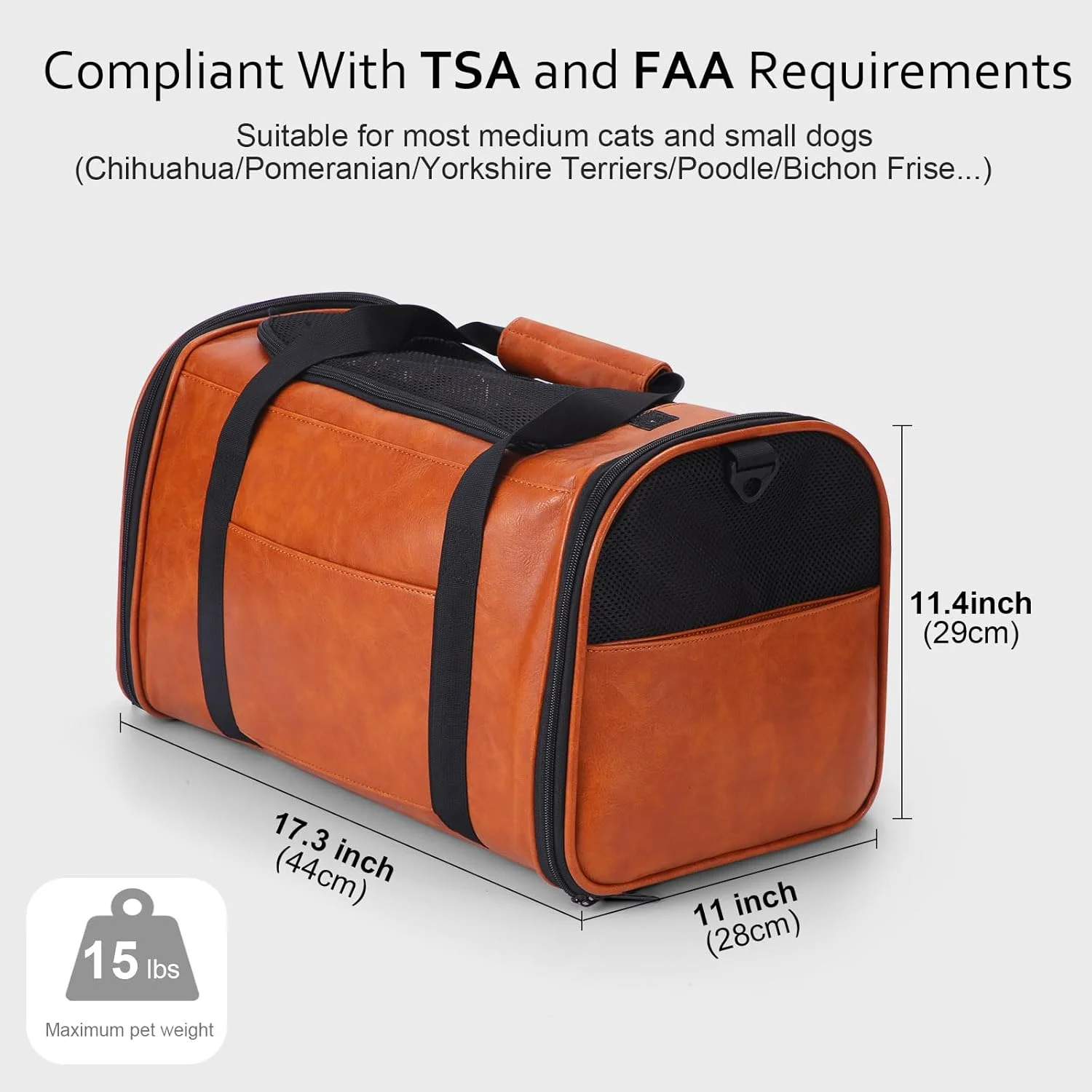 کیف حمل سگ و گربه چرمی شیک، مناسب هواپیما، برای سگ ها و گربه های کوچک و متوسط تا وزن 7 کیلوگرم، تاشو و نرم، قهوه ای