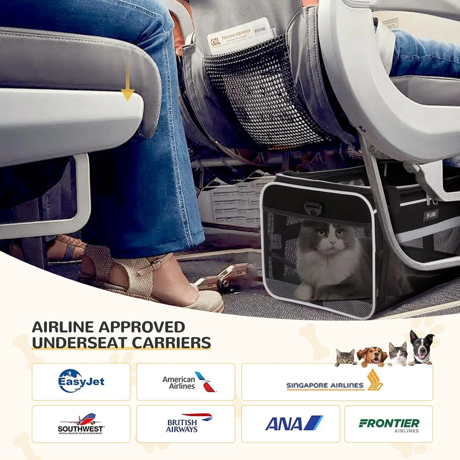 کیف حمل سگ و گربه مناسب هواپیما، کیف گربه با قابلیت افزایش فضا تا 6 کیلوگرم، باکس حمل سگ برای حیوانات خانگی در ماشین، هواپیما یا قطار، سایز M، مشکی