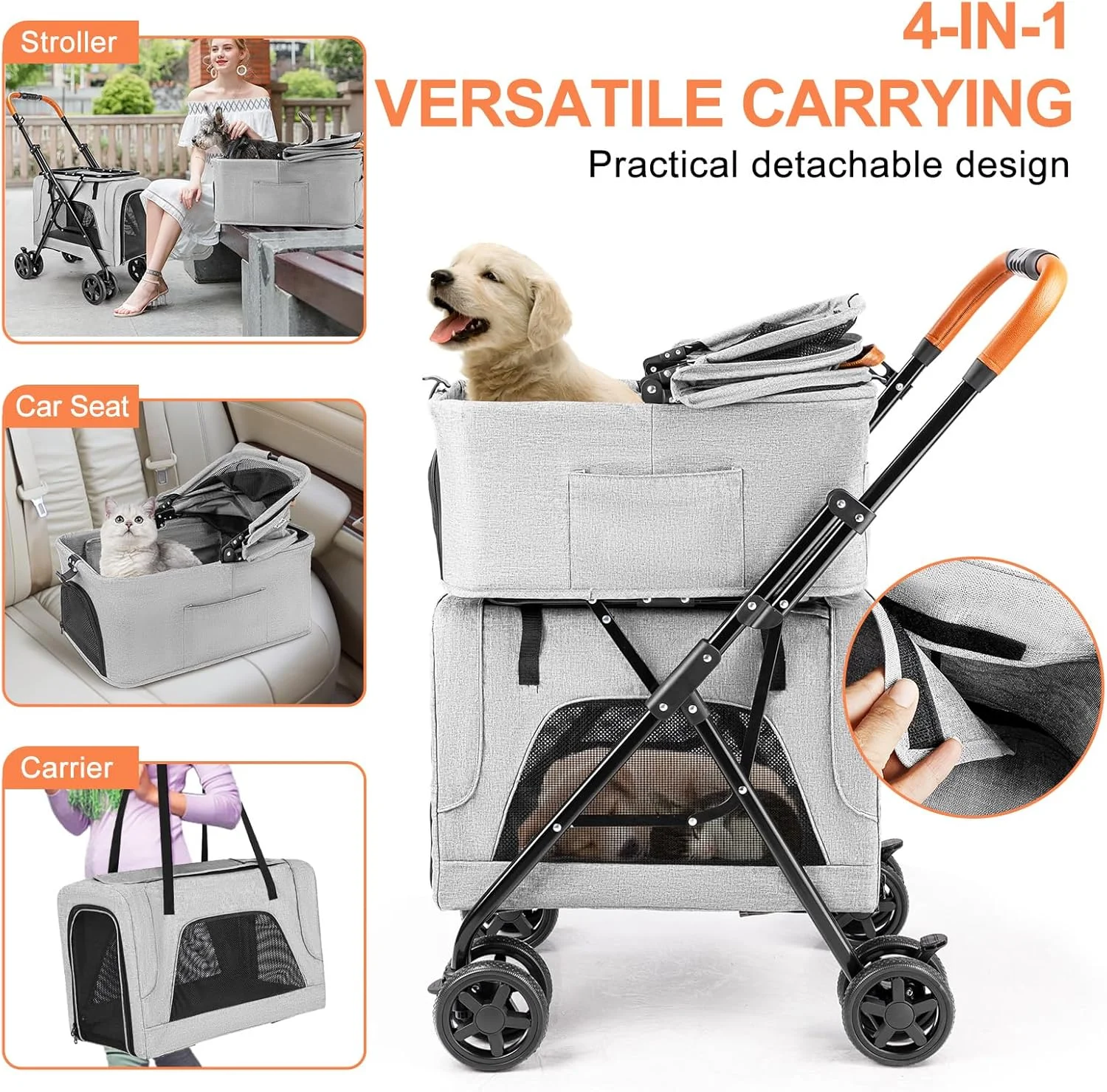 کالسکه حیوانات خانگی دوتایی با سبد حمل جداشدنی برای سگ ها و گربه های کوچک و متوسط، کالسکه مسافرتی سبک وزن سگ با سایبان بدون زیپ، سبد ذخیره سازی، تاشو تک کلیکی و ترمز یک پا