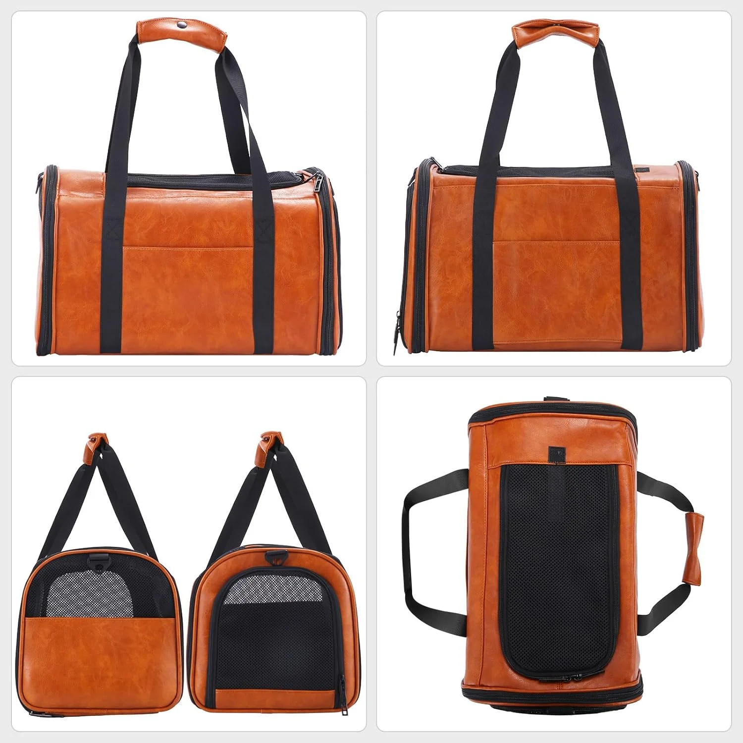 کیف حمل سگ و گربه چرمی شیک، مناسب هواپیما، برای سگ ها و گربه های کوچک و متوسط تا وزن 7 کیلوگرم، تاشو و نرم، قهوه ای