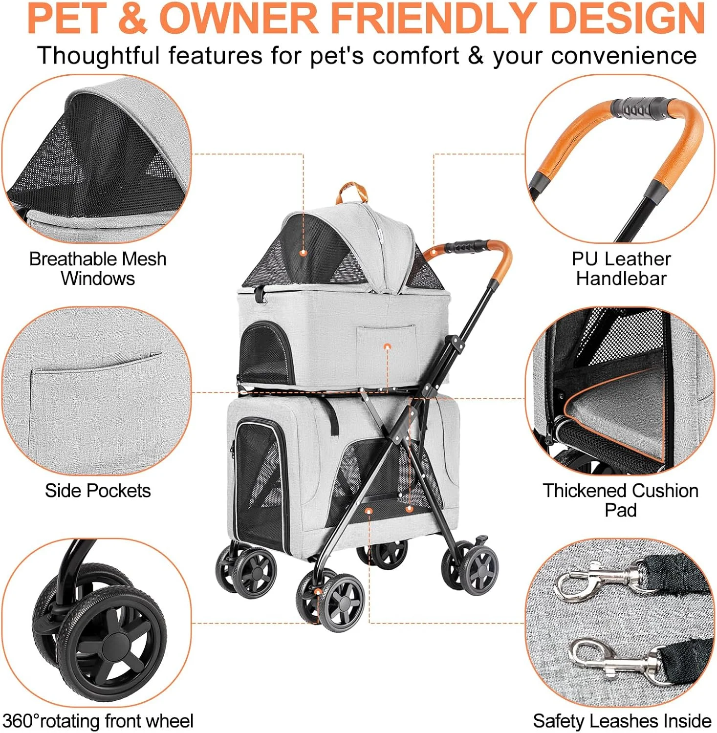 کالسکه حیوانات خانگی دوتایی با سبد حمل جداشدنی برای سگ ها و گربه های کوچک و متوسط، کالسکه مسافرتی سبک وزن سگ با سایبان بدون زیپ، سبد ذخیره سازی، تاشو تک کلیکی و ترمز یک پا