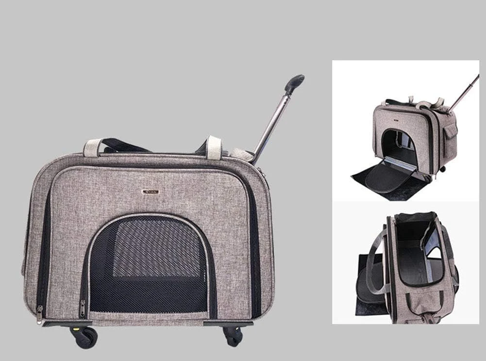 کیف حمل حیوانات خانگی چرخ دار نایلونی برای گربه ها و سگ ها، ترولی حمل و نقل با تهویه، 58 * 38 * 32 سانتی متر