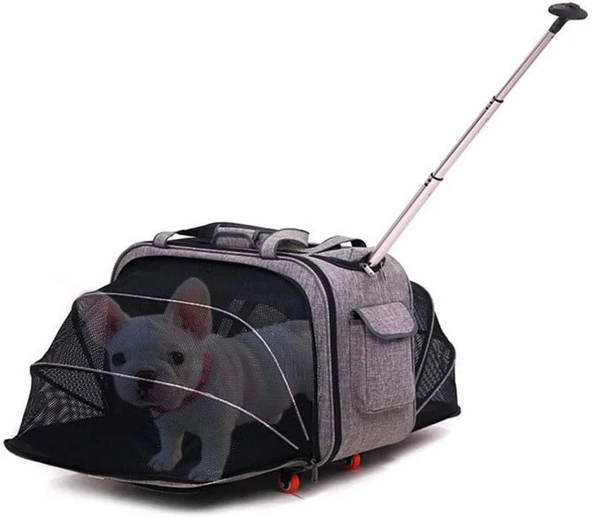 کیف حمل تاشو چرخ دار حیوانات خانگی با دسته تلسکوپی، کیف بزرگ قابل حمل سگ/گربه با چرخ، رنگ خاکستری روشن