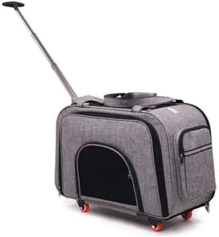 کیف حمل تاشو چرخ دار حیوانات خانگی با دسته تلسکوپی، کیف بزرگ قابل حمل سگ/گربه با چرخ، رنگ خاکستری روشن