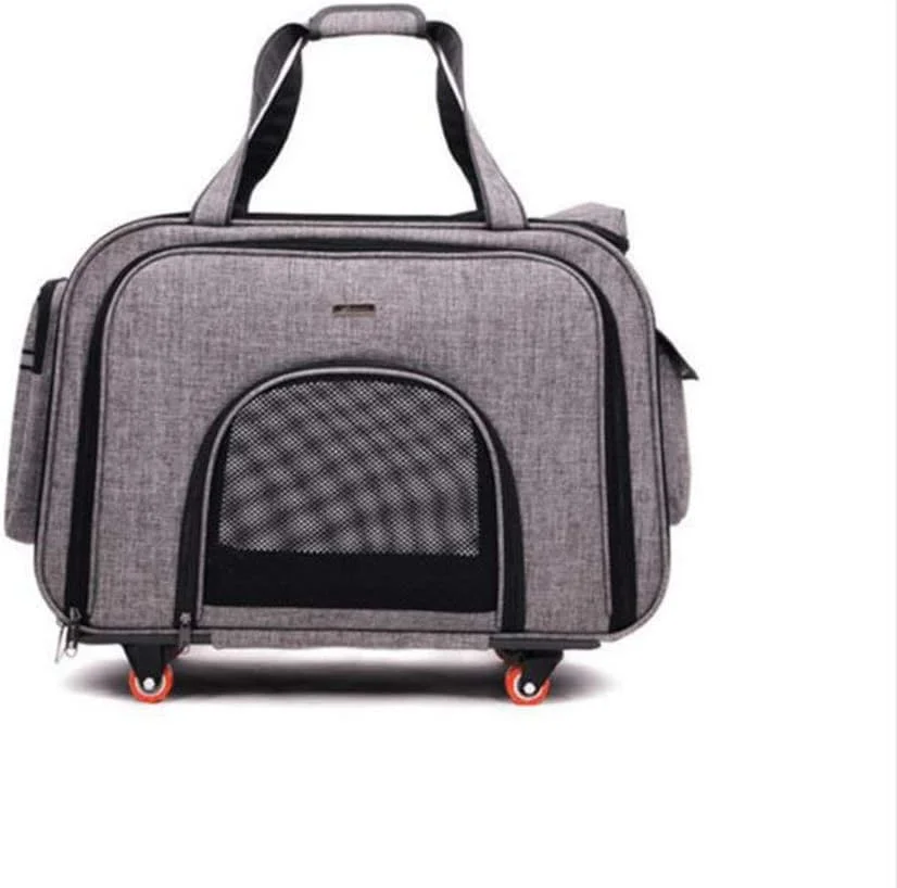 کیف حمل تاشو چرخ دار حیوانات خانگی با دسته تلسکوپی، کیف بزرگ قابل حمل سگ/گربه با چرخ، رنگ خاکستری روشن