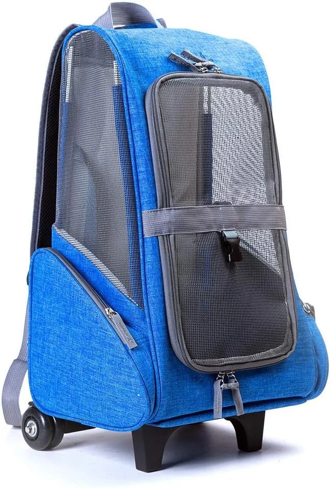 کیف حمل و نقل مسافرتی قابل حمل گربه و سگ، جعبه چمدان کوله پشتی با غلتک، دسته تلسکوپی، پارچه آکسفورد، کوله پشتی قابل تنفس و قابل حمل