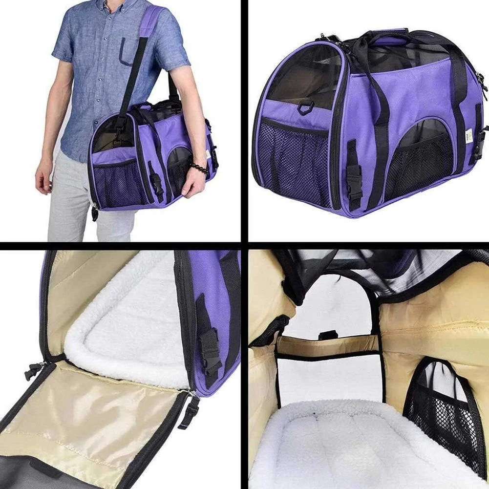 کیف حمل حیوانات خانگی قابل حمل، کیف حمل و نقل مورد تایید خطوط هوایی با تخت پشمی برای سگ ها و گربه های کوچک