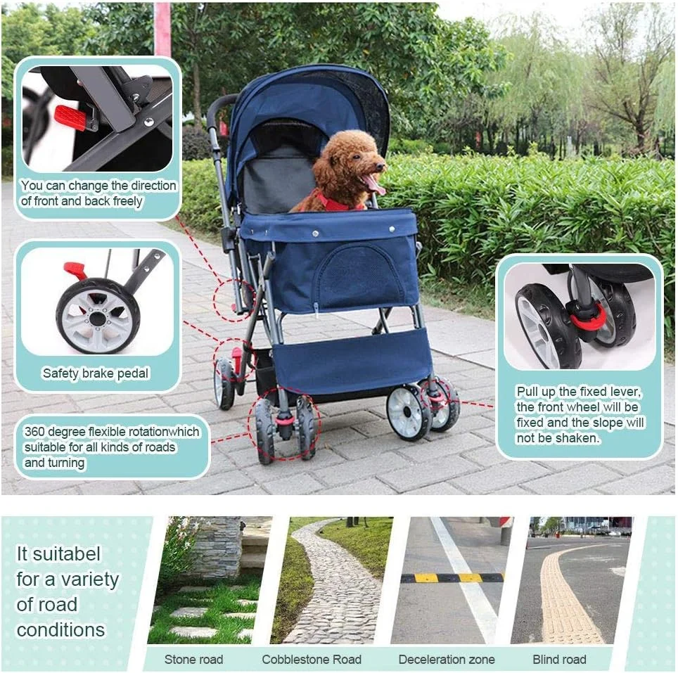 کالسکه مسافرتی حیوانات خانگی برای سگ و گربه، ترولی تاشو برای حیوانات خانگی، حمل کننده چرخ دار، نصب سریع با یک کلیک