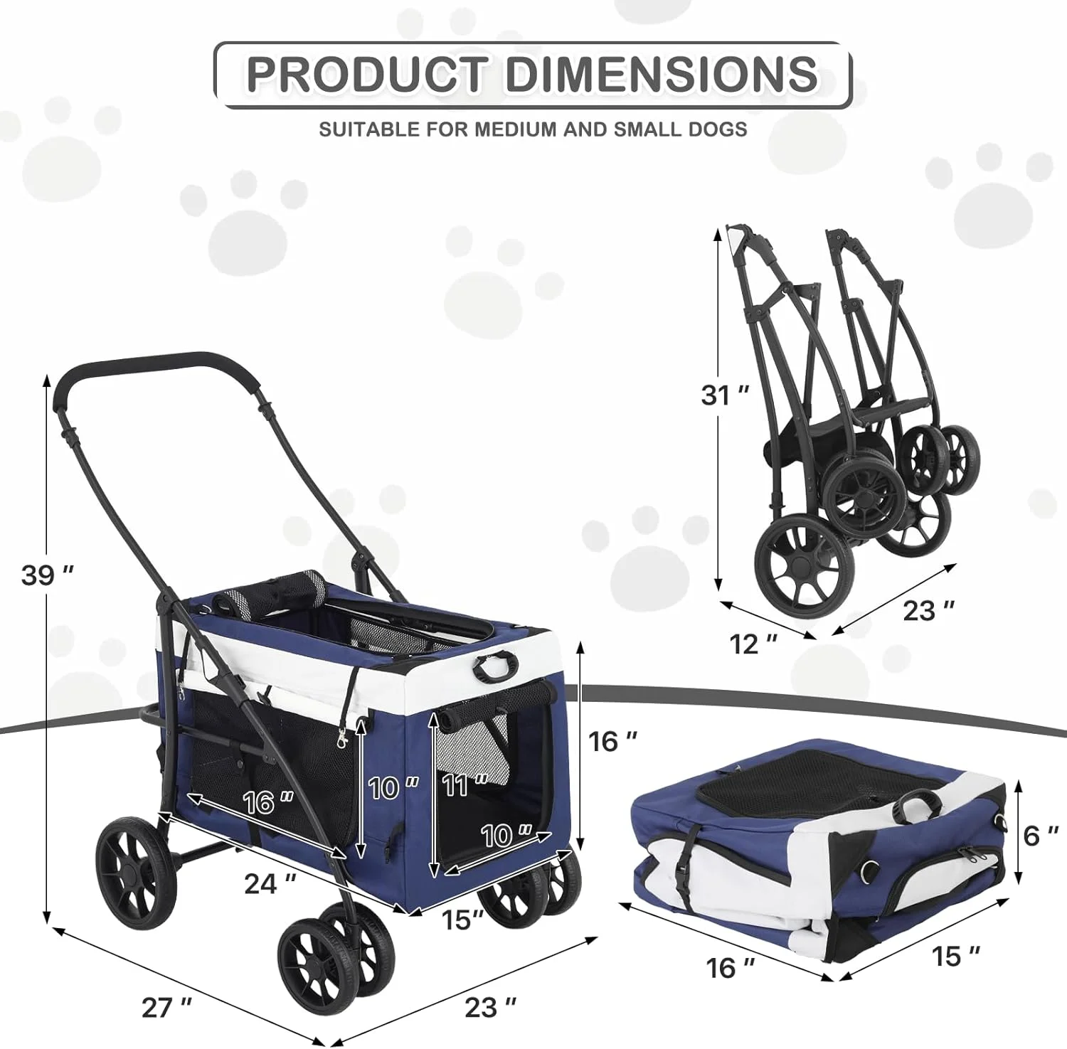 کالسکه سگ و گربه MoNiBloom، کالسکه حیوانات خانگی 4 چرخ با سبد جداشدنی، چرخ دستی مسافرتی، باکس تاشو نرم سگ