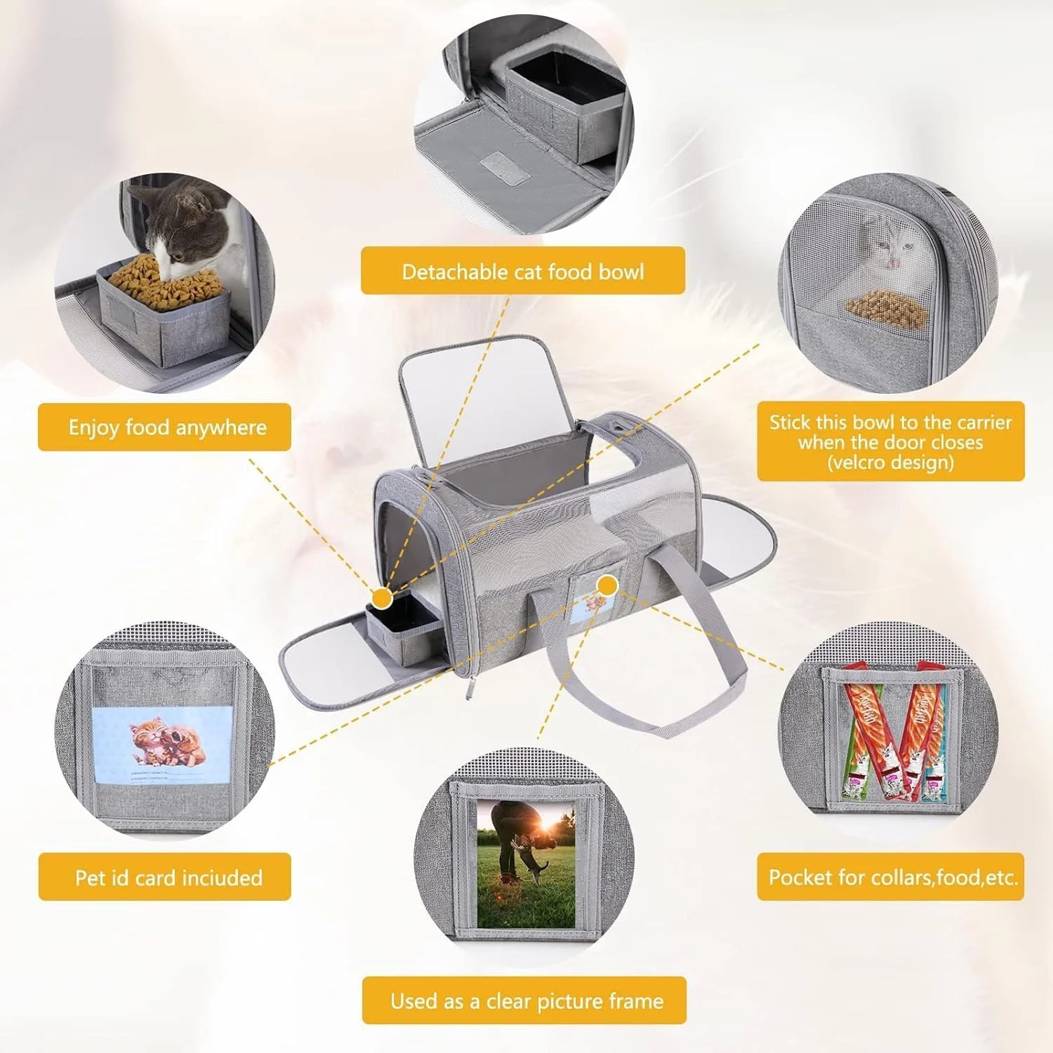 کیف حمل حیوانات خانگی، کیف حمل گربه مناسب سفر هوایی برای حیوانات زیر 7 کیلوگرم، کیف حمل تاشو توری تنفسی برای گربه های کوچک و متوسط، سگ های کوچک، توله سگ ها، لانه قابل شستشوی قابل حمل (خاکستری)