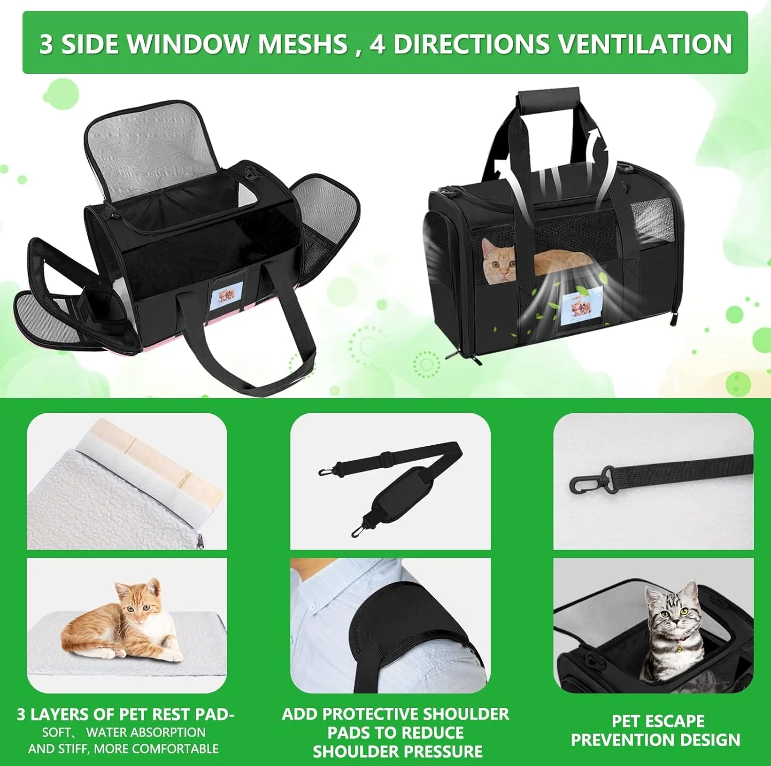کیف حمل حیوانات خانگی NALACAL، کیف حمل نرم برای گربه های زیر 11 کیلوگرم، کیف حمل تاشو و قابل تنفس برای سگ، 50x33x33 سانتی متر، مورد تایید خطوط هوایی TSA برای سگ و گربه (مشکی)