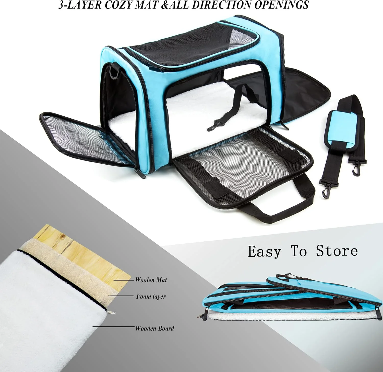 کیف حمل نرم برای سگ و گربه کوچک و متوسط، پد جداشدنی، کیف مسافرتی تاشو بزرگ آبی