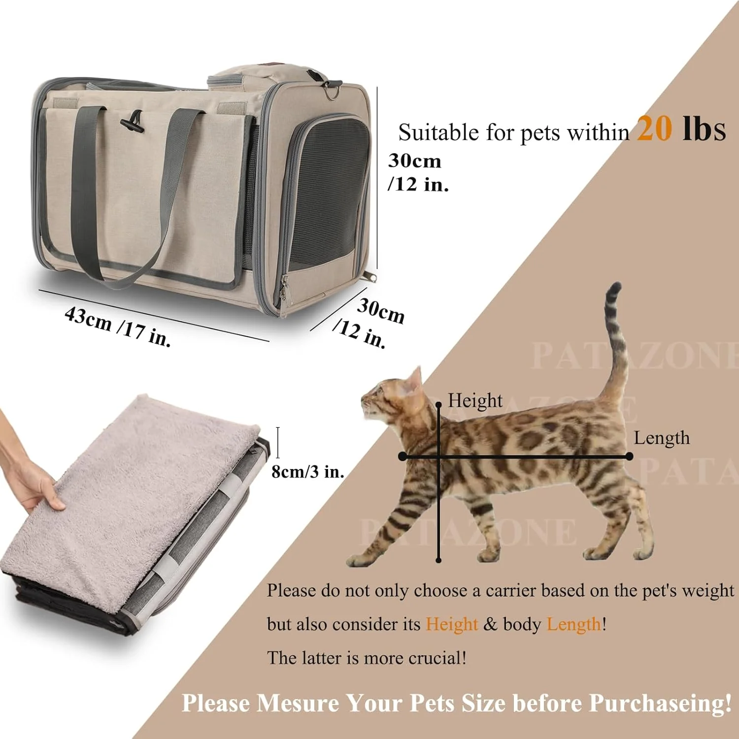 کیف حمل حیوانات خانگی کوچک، مناسب هواپیما، رنگ خاکی، نرم، کیف مسافرتی گربه برای گربه های متوسط و بزرگ، توله سگ ها، دارای جیب بزرگ، پرده آفتاب گیر، محافظت از حریم خصوصی، تنفس پذیر، مناسب فضای باز