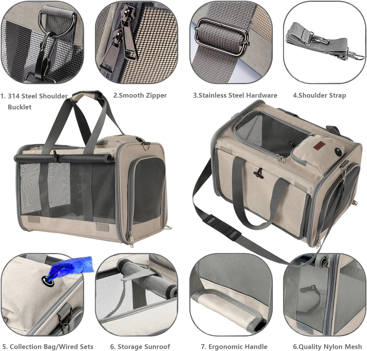 کیف حمل حیوانات خانگی کوچک، مناسب هواپیما، رنگ خاکی، نرم، کیف مسافرتی گربه برای گربه های متوسط و بزرگ، توله سگ ها، دارای جیب بزرگ، پرده آفتاب گیر، محافظت از حریم خصوصی، تنفس پذیر، مناسب فضای باز