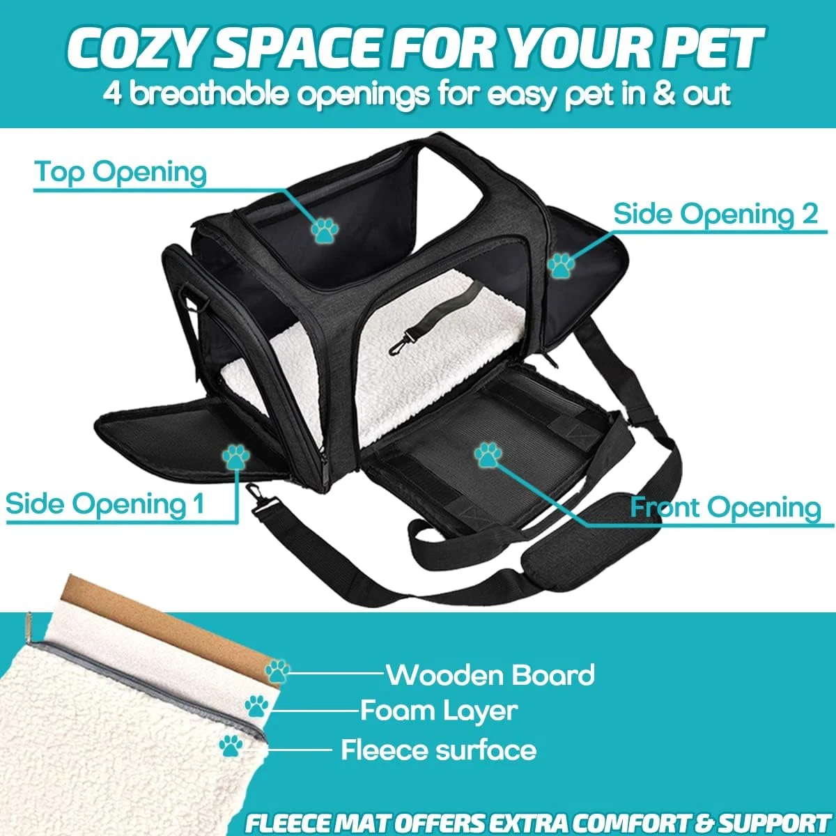 کیف حمل تاشو و نرم حیوانات خانگی - سایز بزرگ مناسب برای حیوانات تا وزن 10 کیلوگرم، دارای 3 پنجره توری و 4 دریچه، به همراه بند پددار و تشک پشمی، ایده آل برای سفر و ملاقات دامپزشک - سایز L، مشکی