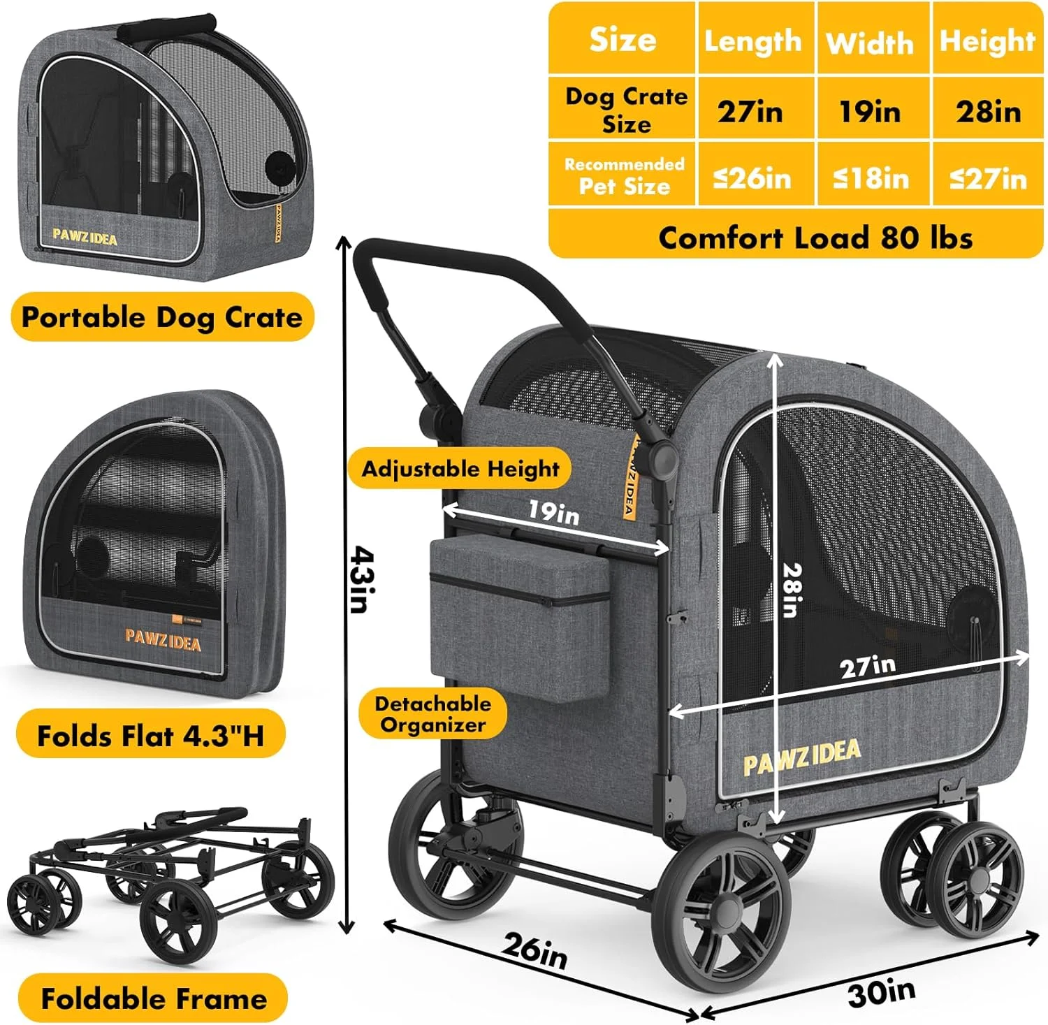 کالسکه بزرگ سگ PAWZIDEA با سبد حمل جداشدنی، باکس قابل حمل سگ برای مسافرت با ماشین، کالسکه چند منظوره حیوانات خانگی برای سگ های متوسط تا وزن 36 کیلوگرم، دسته قابل تنظیم، چرخ های 9 اینچی مناسب تمام سطوح، سازمان دهنده وسایل